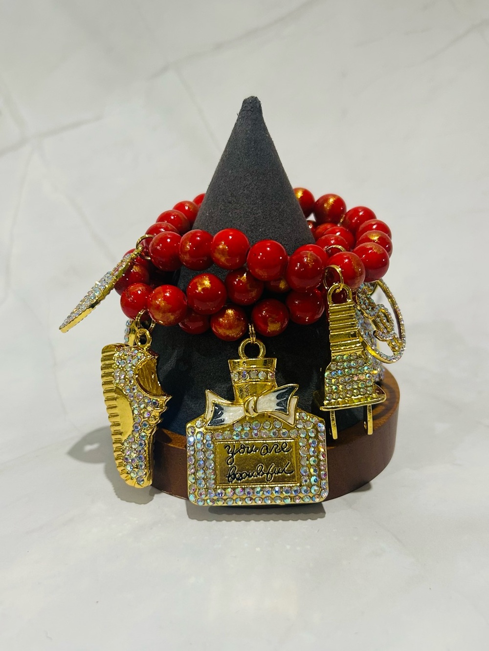 Red gold plated jade Beaded Charm Bracelet Stack with Gold-Tone Crystal Charms